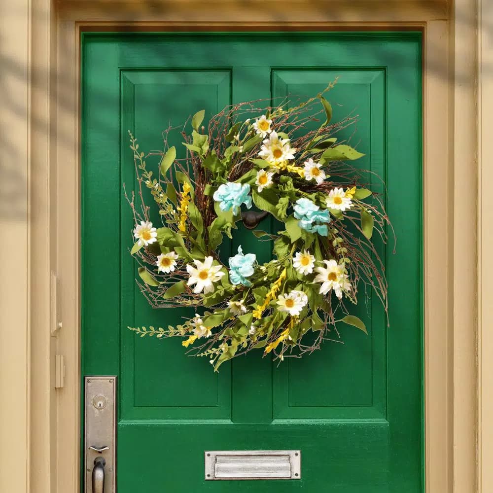 National Tree Company 22 in. White Sunflower Wreath with Greenery - Rustic Cottage Style Floral Wreath