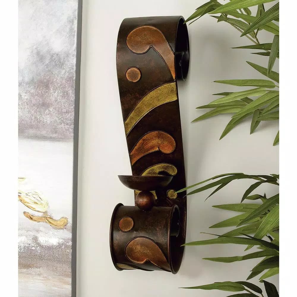 LITTON LANE 19 in. Scrolled Iron Candle Sconces with Metallic Brown Finish (Pair)