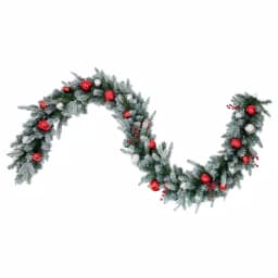 Haute Decor 9 ft. Pre-Lit LED Artificial Frosted Christmas Garland with Red & Silver Ornaments thumbnail 2
