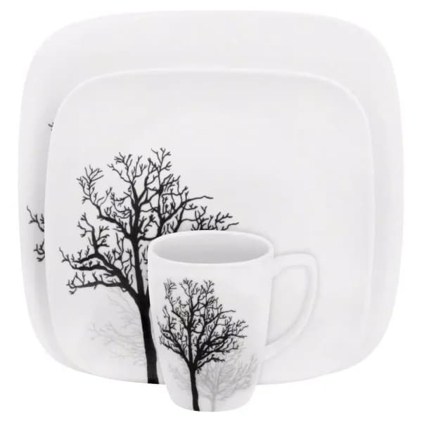 Corelle Square 16-Piece Black Trees Glass Dinnerware Set, Service for 4