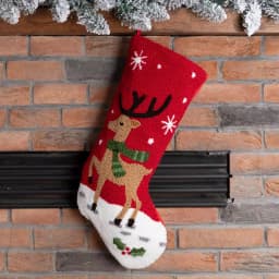 Glitzhome Whimsical Reindeer Hooked Christmas Stocking - Red & White Holiday Decor thumbnail 2