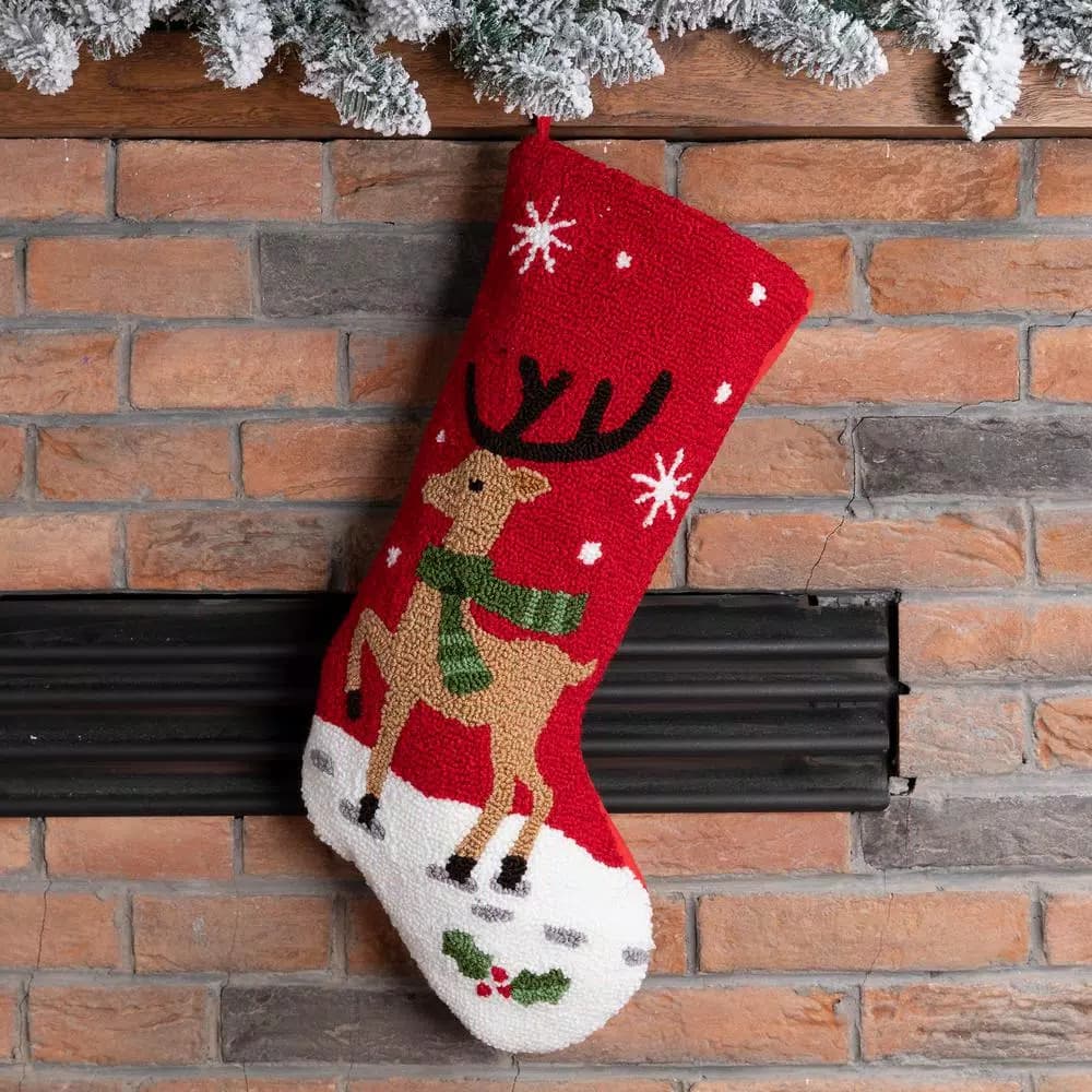 Glitzhome Whimsical Reindeer Hooked Christmas Stocking - Red & White Holiday Decor