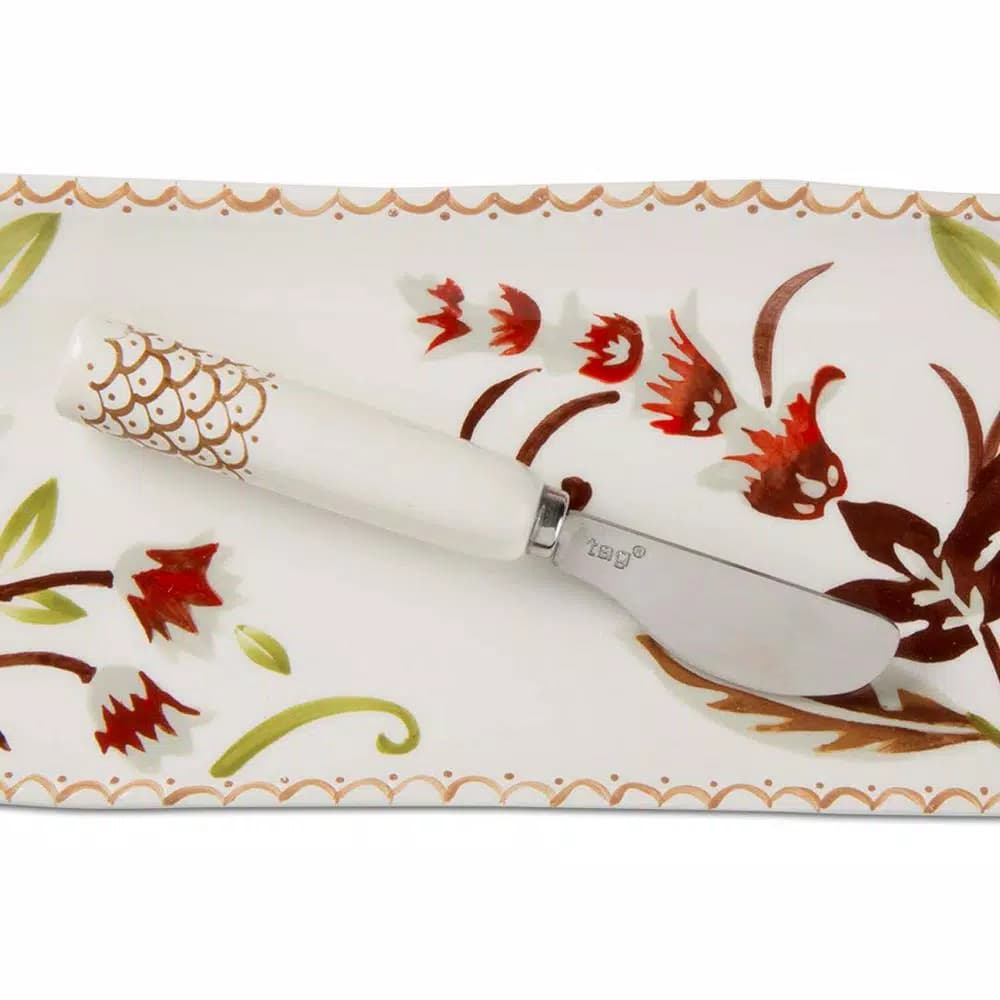 Tag Autumn Bloom Harvest 2-Piece Earthenware Cheese Platter and Stainless Steel Spreader Set