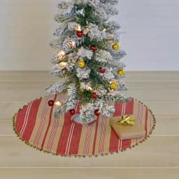 VHC Brands 21 in. Vintage Stripe Candy Apple Red Farmhouse Christmas Mini Tree Skirt with Jingle Bell Trim thumbnail 3