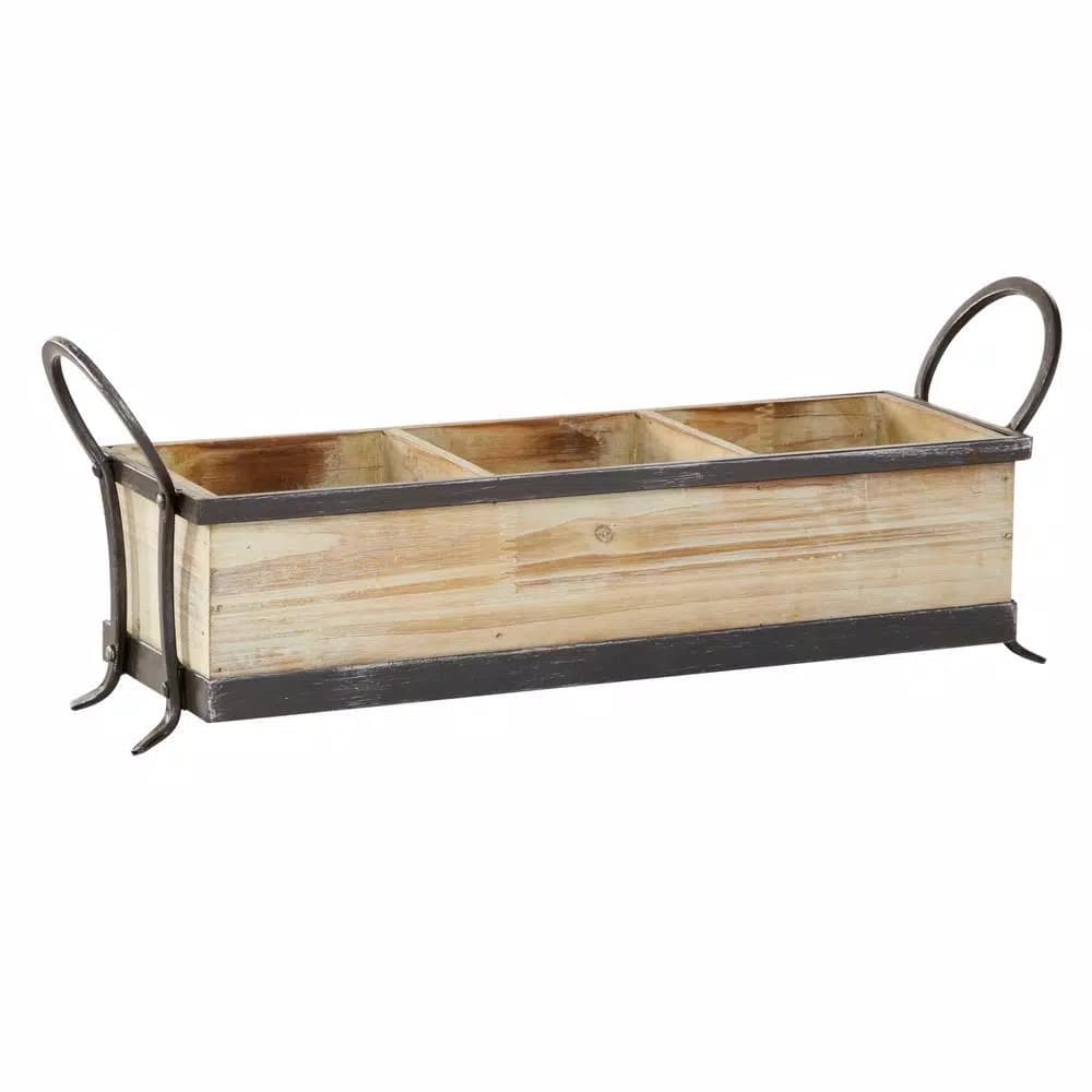 LITTON LANE Rustic Elegance 23" Wood and Iron 3-Compartment Rectangular Farmhouse Tray