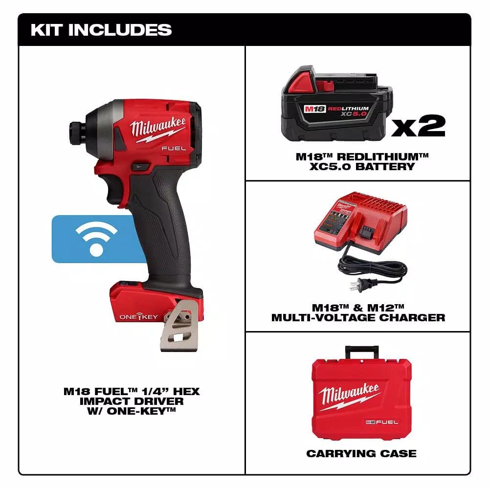 Milwaukee M18 FUEL 1/4 in. Hex Impact Driver Kit with (2) 5.0 Ah Batteries & Charger, ONE-KEY