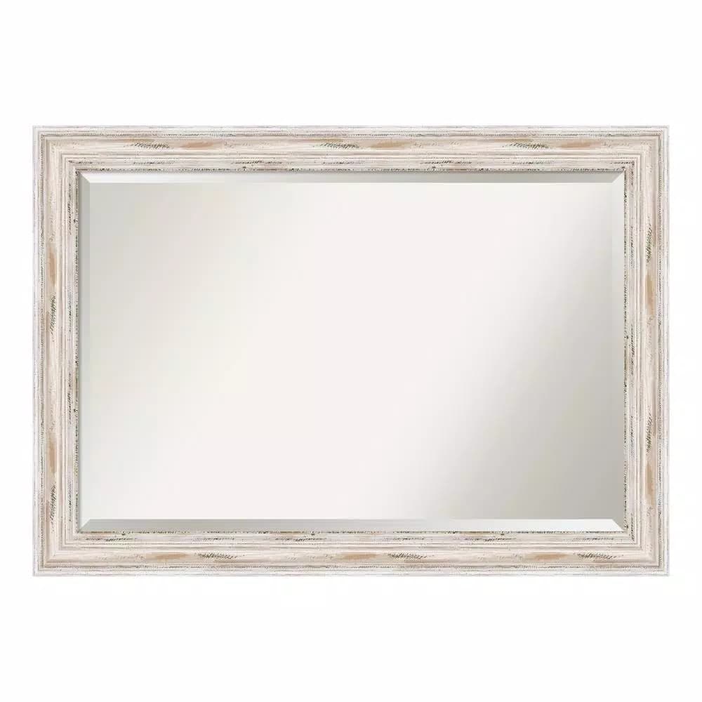 Amanti Art Alexandria 41 in. W x 29 in. H Distressed Whitewash Wood Framed Beveled Bathroom Mirror