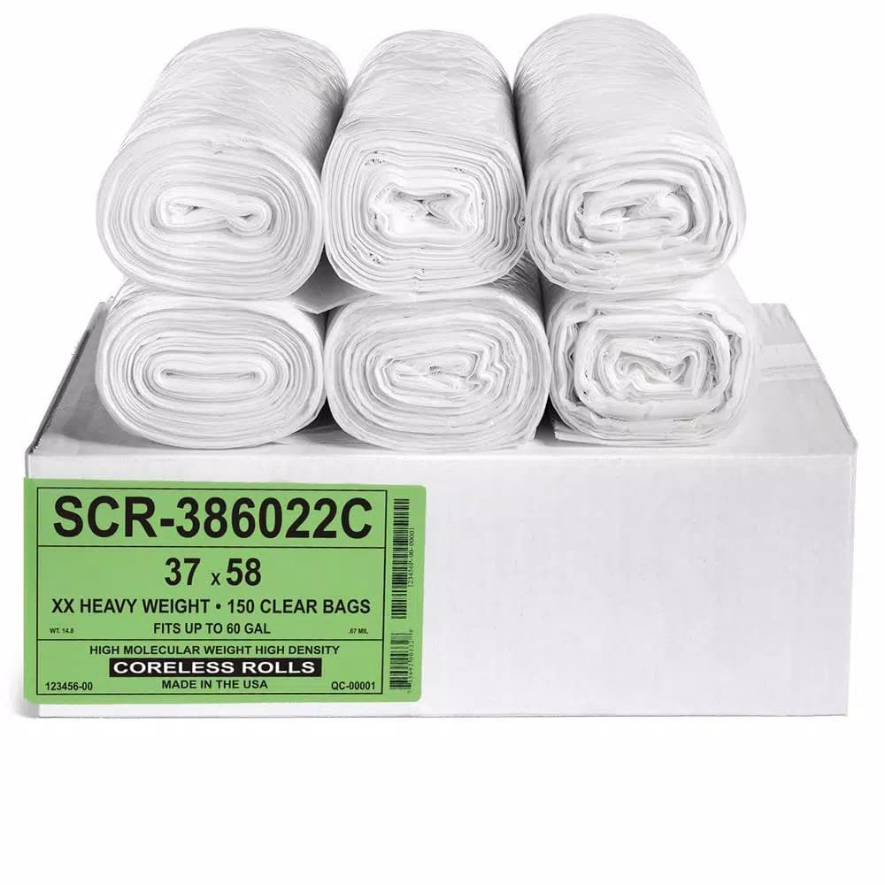 Unbranded Clear Source Reduction High Density Trash Bags, 55-60 Gallon, 0.67 Mil, 150 Count