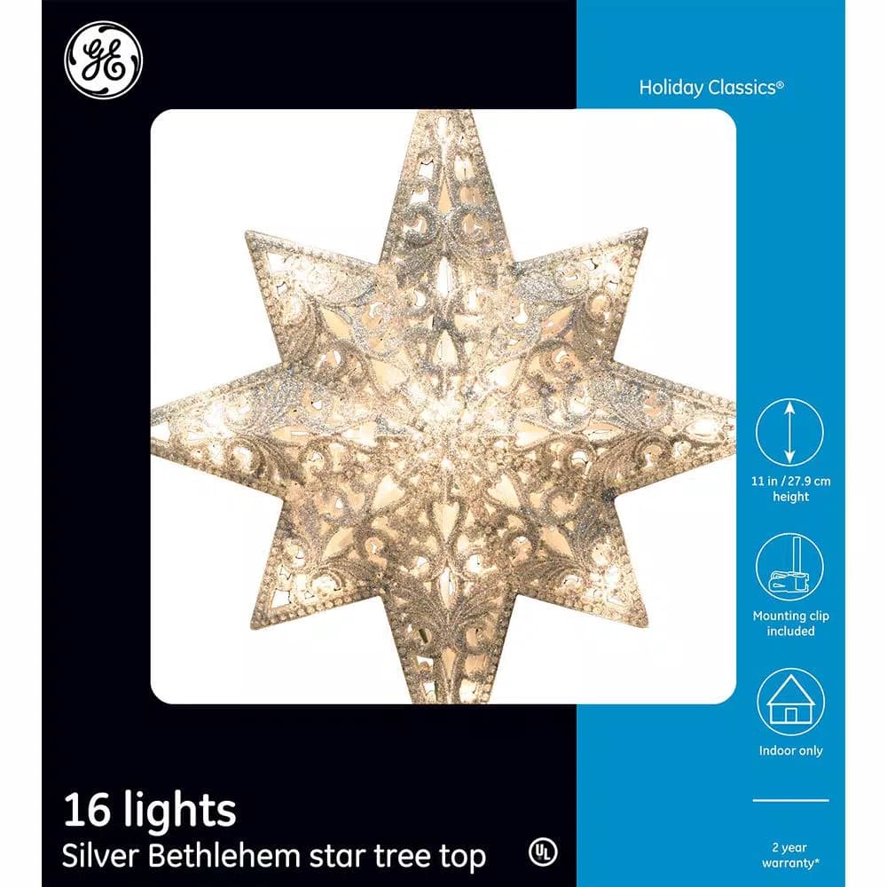 GE Holiday Classics 11 in. 16-Light Silver Glittered Bethlehem Star Tree Topper