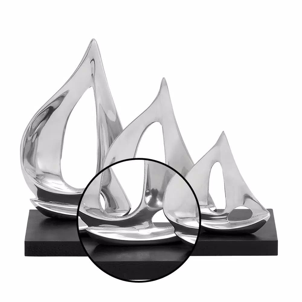 LITTON LANE 9 in. Stylized Sailboat Decorative Sculpture - Polished Silver Aluminum on Black Wood Base