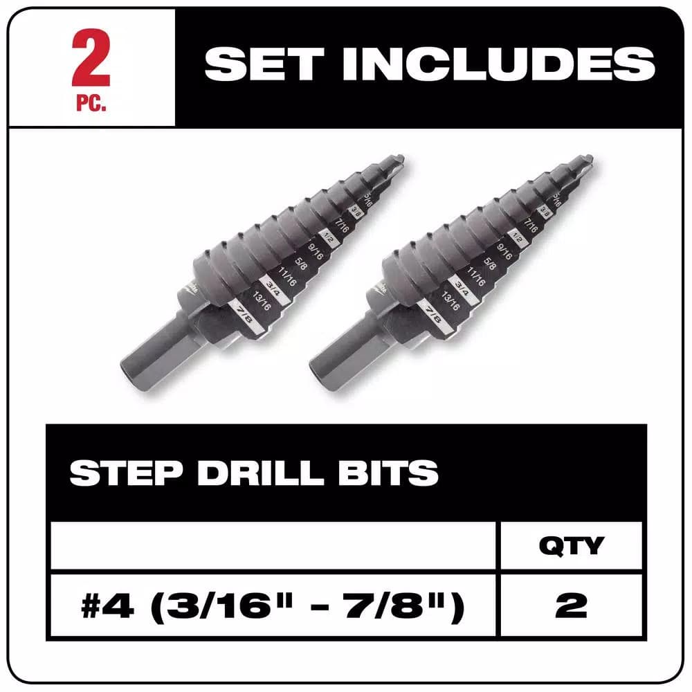 Milwaukee #4 Step Drill Bit, 3/16 in. - 7/8 in. x 1/16 in., 2-Pack