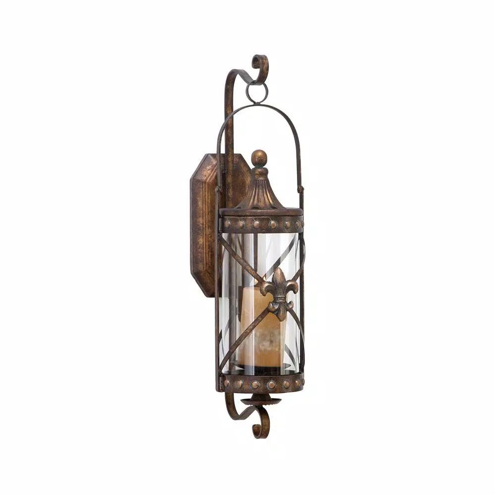LITTON LANE Old World Riveted Burnished Bronze Iron Candle Sconce with Fleur-de-lis Motif