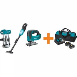 Makita 18V LXT Brushless Router, Jig Saw, and Vacuum Combo Kit with 2x 5.0 Ah Batteries and Rapid Charger thumbnail 1
