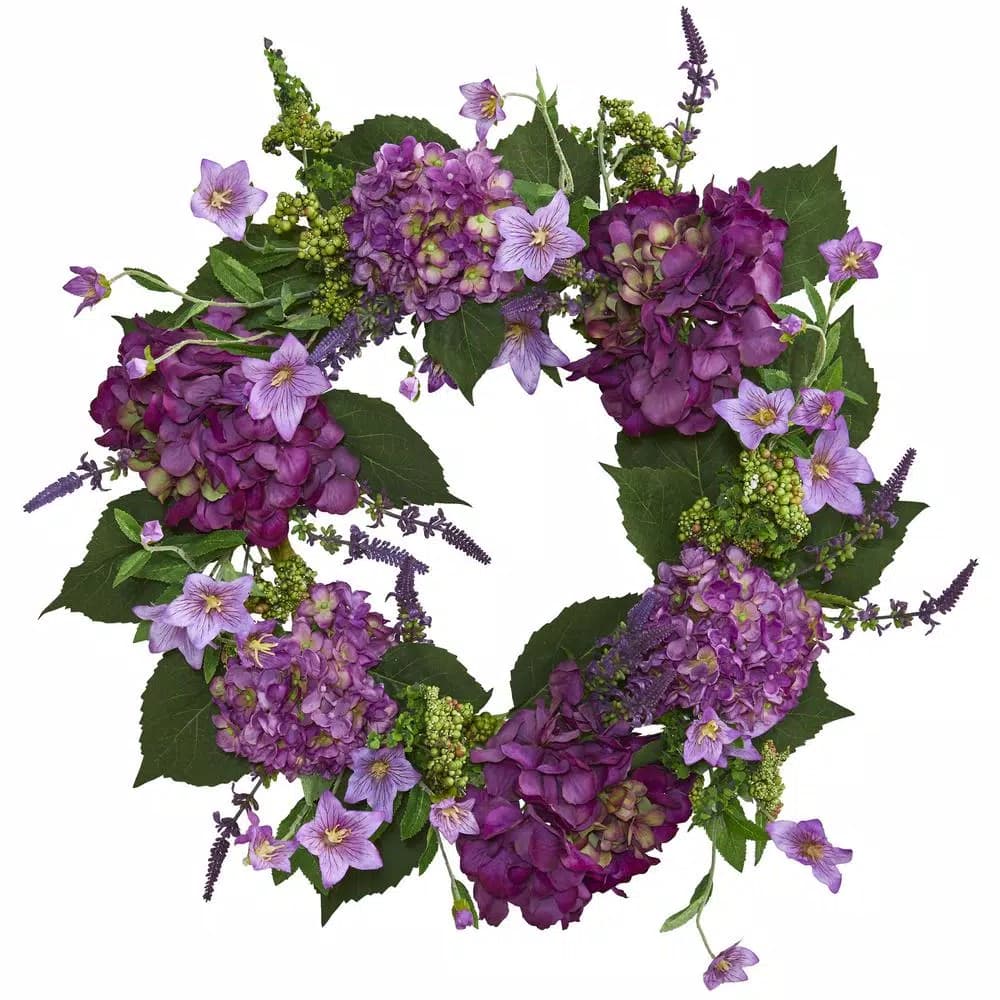 Nearly Natural 24 in. Dark Purple Hydrangea Artificial Flower Wreath
