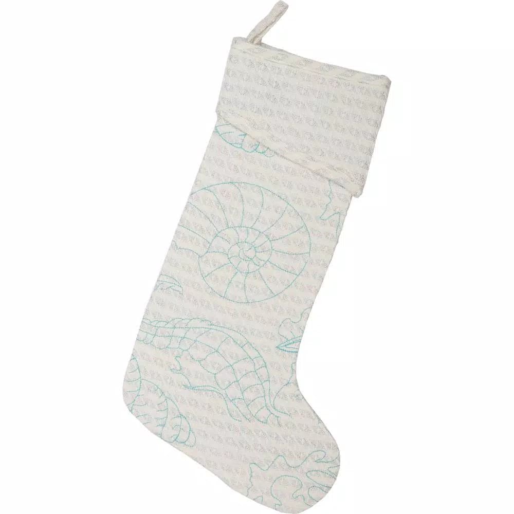 VHC Brands Arielle 20 in. Coastal Christmas Stocking - White Cotton with Metallic Silver Thread and Blue Aquatic Motif