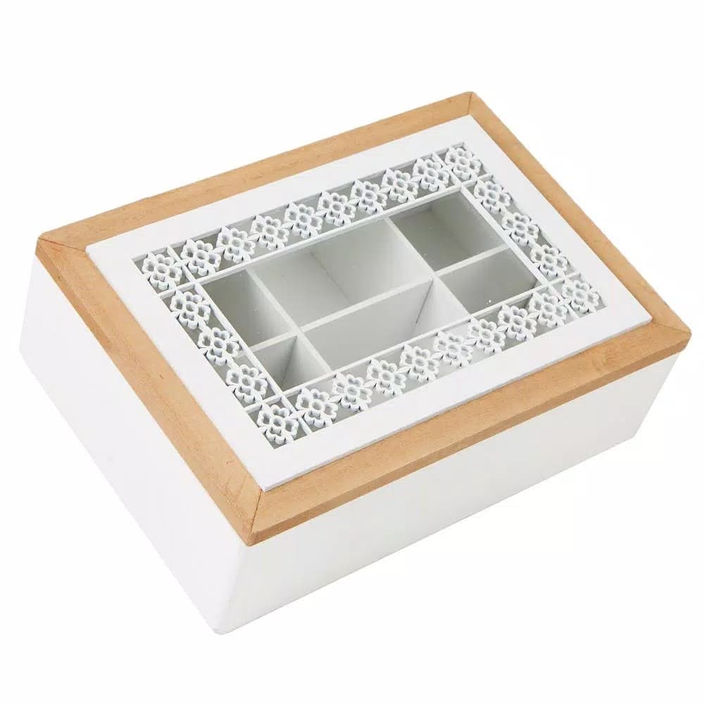 Mind Reader Brown Wood Pattern Tea Box Organizer with Glass Window