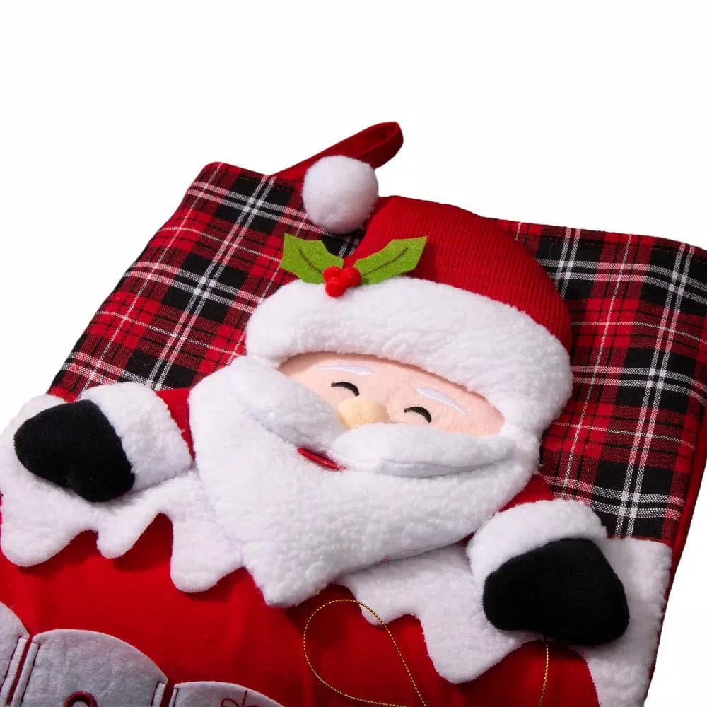 Glitzhome 36 in. Oversized 3D Santa Countdown Christmas Stocking with Plaid Cuff