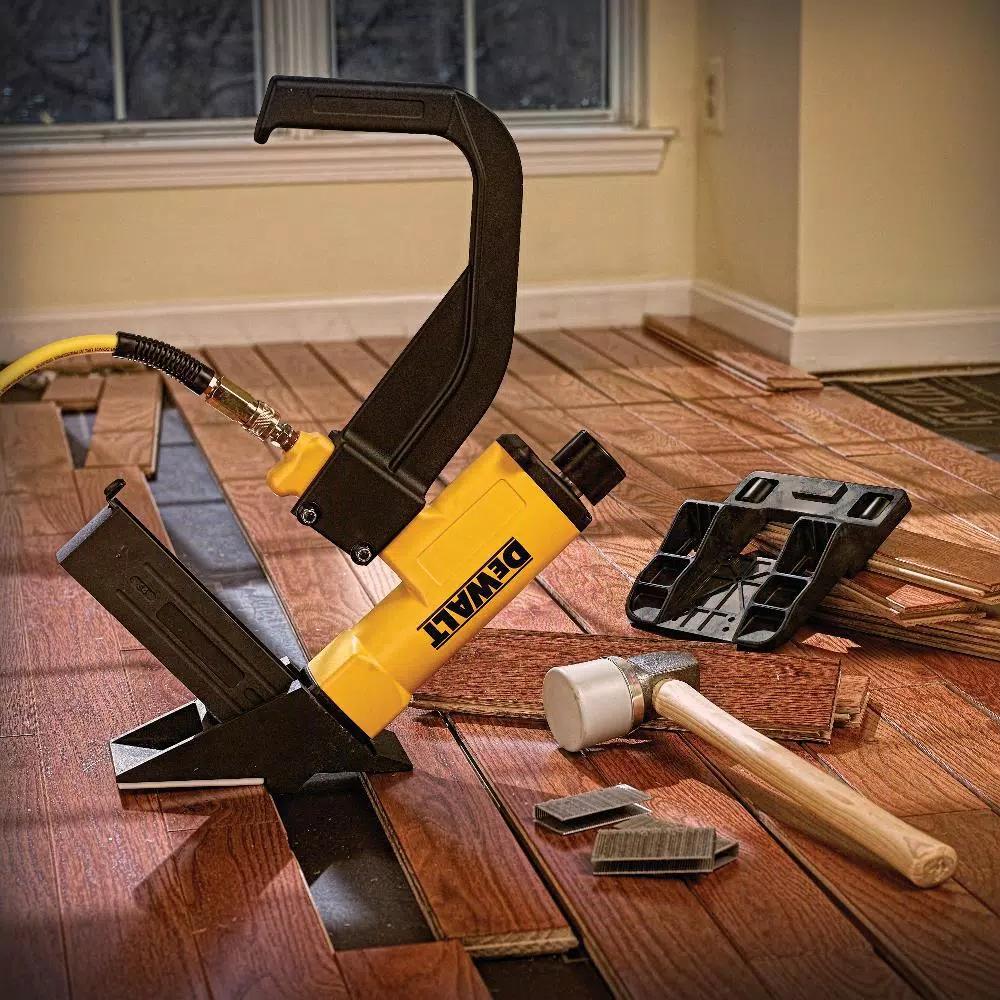 DEWALT Pneumatic 15.5-Gauge Hardwood Flooring Stapler with Mallet and Base Plates
