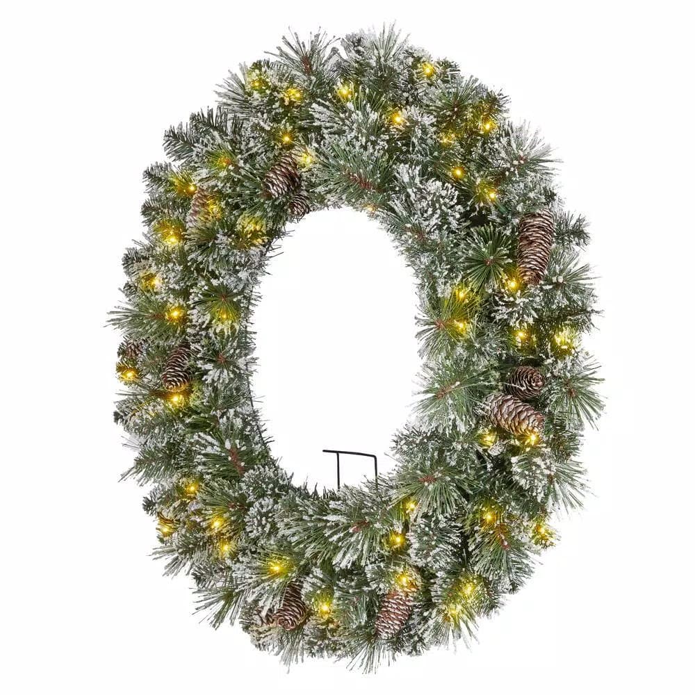 Home Accents Holiday 30in. Sparkling Amelia Pine Pre-lit LED Artificial Christmas Wreath with 50 Warm White Micro-Dot Lights