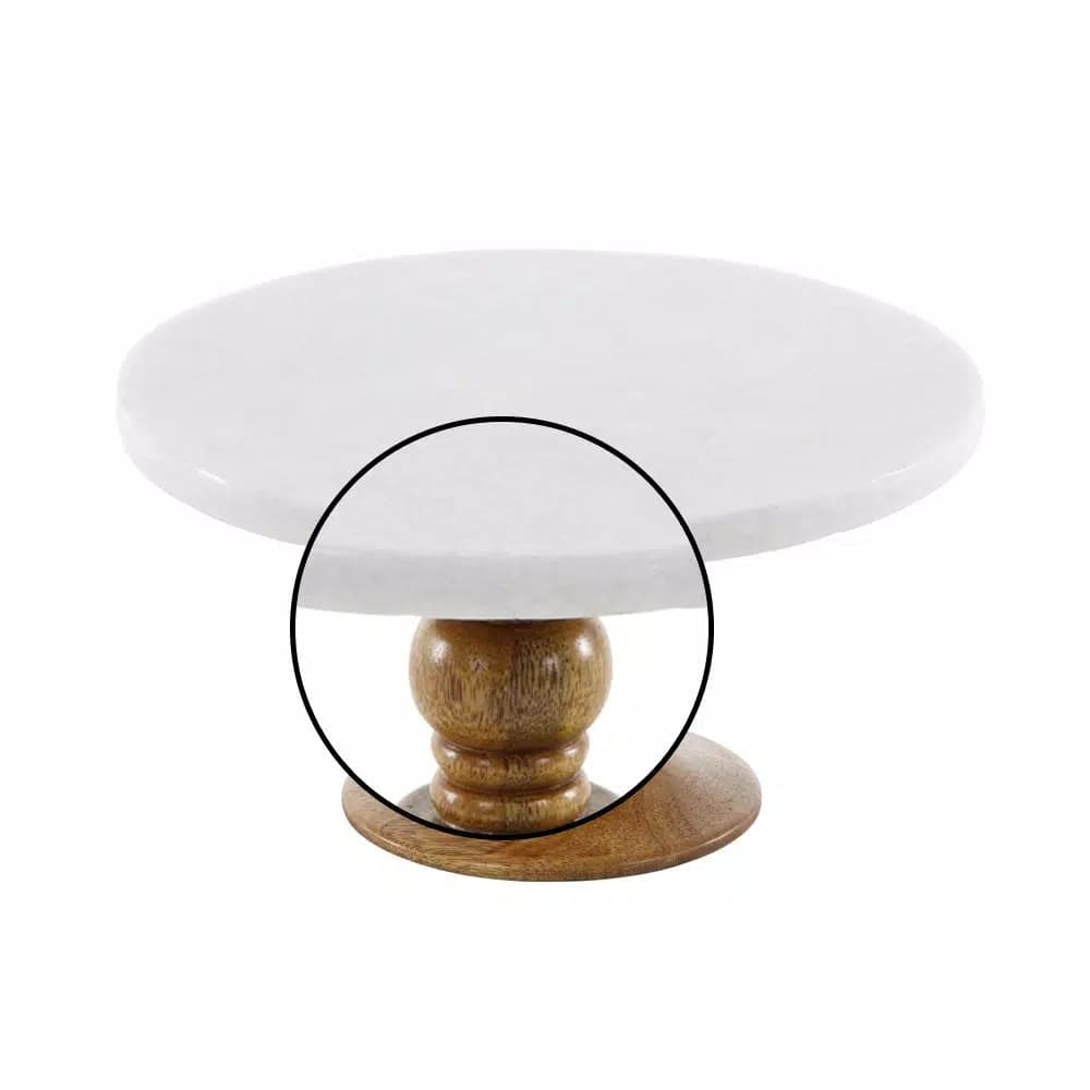 LITTON LANE 10 in. White Marble and Mango Wood Cake Stand, Brown Wood Base
