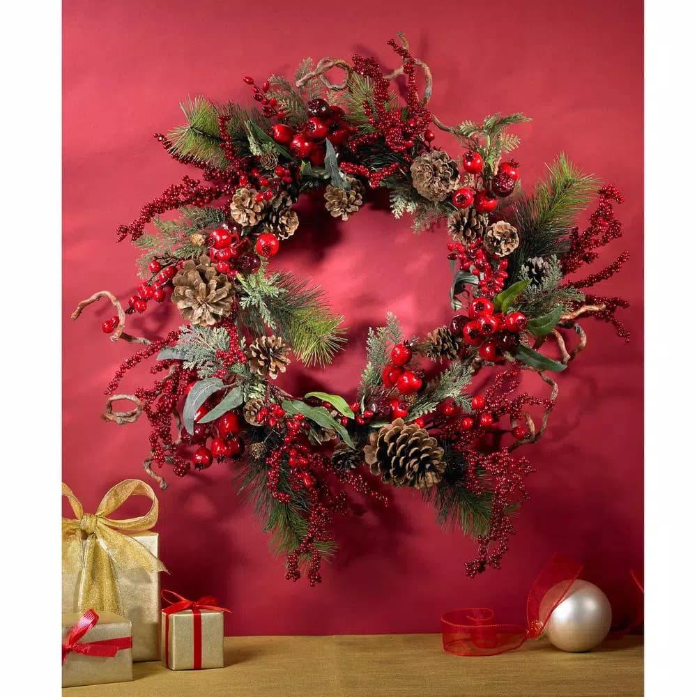 Nearly Natural 24 in. Assorted Berry and Pine Cone Artificial Wreath, Multi-Color