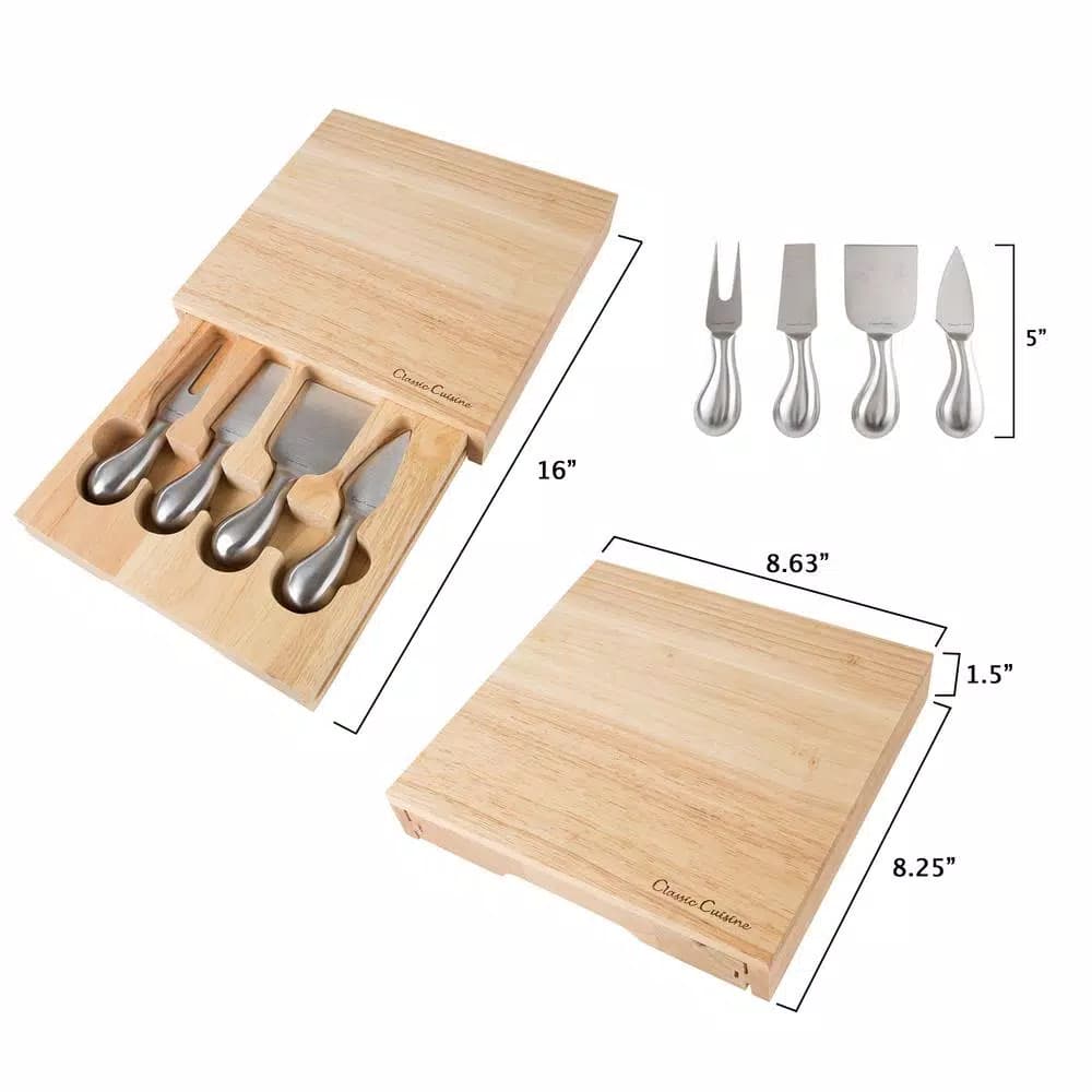 Classic Cuisine 5-Piece Wooden Cheese Board Set with Stainless Steel Tools