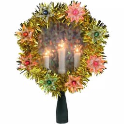 Northlight 7 in. Gold Tinsel Wreath Christmas Tree Topper with Lighted Candles and Multi-Color Star Lights thumbnail 1