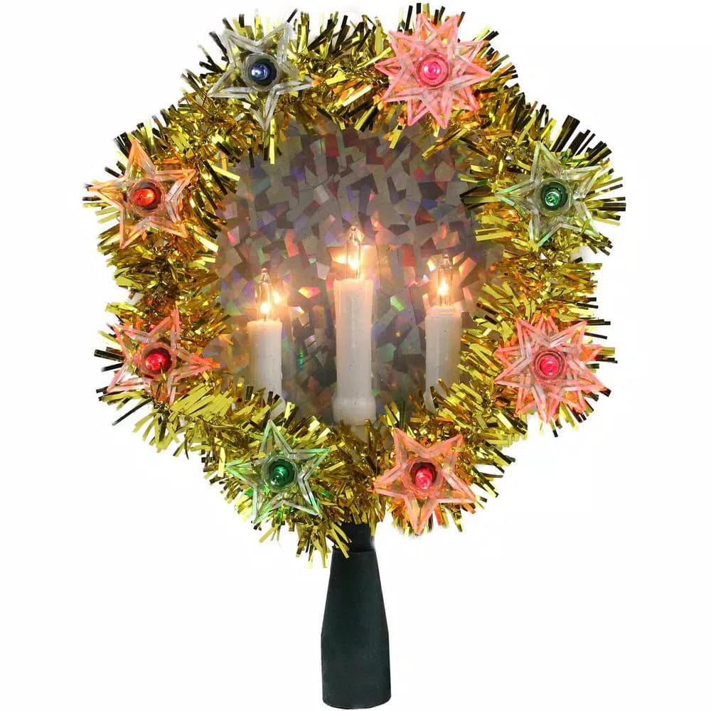 Northlight 7 in. Gold Tinsel Wreath Christmas Tree Topper with Lighted Candles and Multi-Color Star Lights