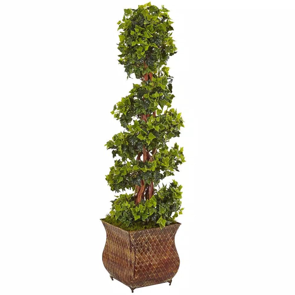 Nearly Natural 4 ft. Artificial English Ivy Spiral Tree in Metal Planter, UV Resistant Indoor/Outdoor Decor