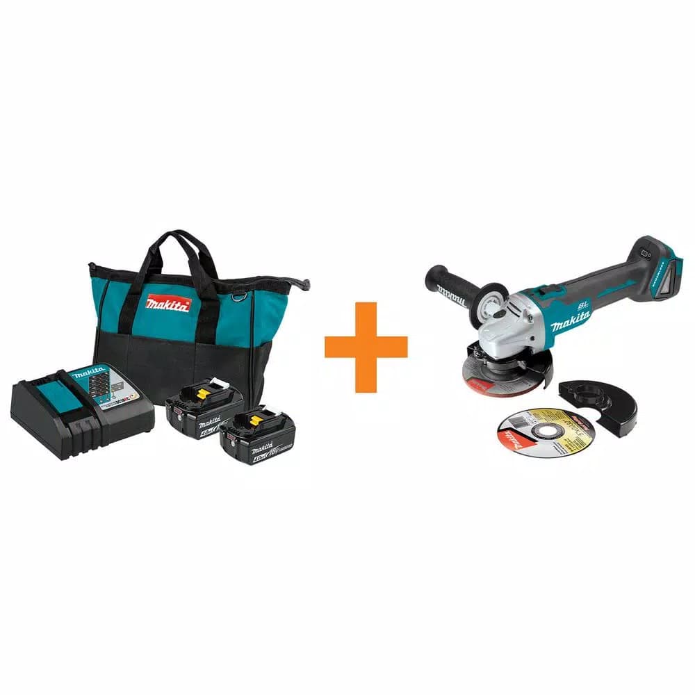 Makita 18V LXT Lithium-Ion Battery and Rapid Optimum Charger Starter Kit with Bonus Brushless Angle Grinder