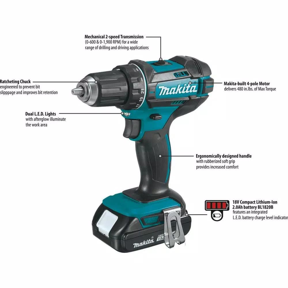 Makita 18V LXT Lithium-Ion 1/2 in. Compact Cordless Driver Drill Kit (XFD10SY)
