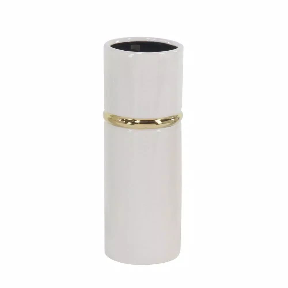 LITTON LANE White Ceramic Decorative Vase Set of 3 with Gold Lining Detail, Modern Cylinder Design