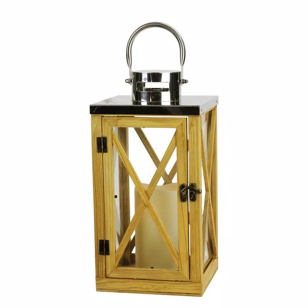 Gerson 13.5 in. Rustic Wood and Stainless Steel Lantern with LED Flameless Pillar Candle and Timer