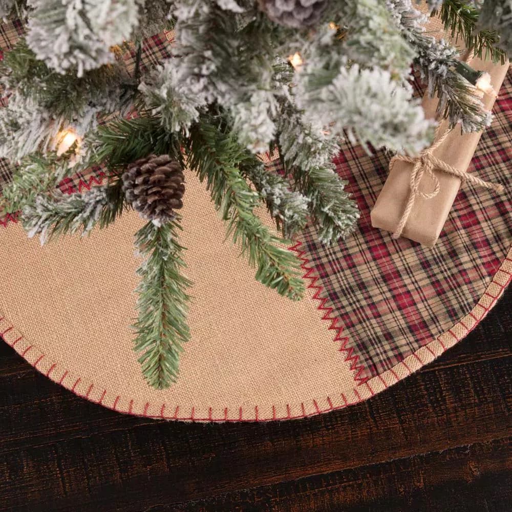 VHC Brands 21 in. Clement Natural Tan and Red Plaid Rustic Christmas Tree Skirt