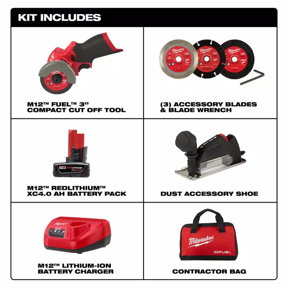 Milwaukee M12 FUEL 12V Brushless 3 in. Cordless Cut Off Saw Kit with 4.0 Ah Battery, Charger, and Bag