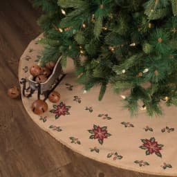 VHC Brands 55 in. Jute Burlap Poinsettia Holiday Tree Skirt - Natural Tan with Holly Berries thumbnail 4