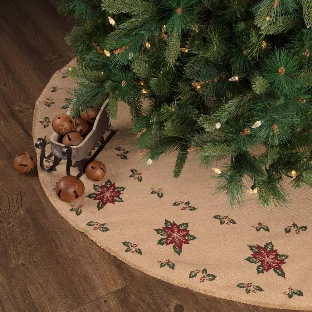 VHC Brands 55 in. Jute Burlap Poinsettia Holiday Tree Skirt - Natural Tan with Holly Berries