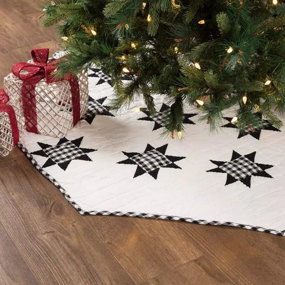 VHC Brands 60 in. Emmie Black and White Patchwork Farmhouse Christmas Tree Skirt