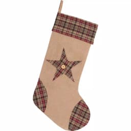 VHC Brands 20 in. Clement Natural Tan Rustic Christmas Star Stocking - Cotton and Jute Plaid Decor thumbnail 1