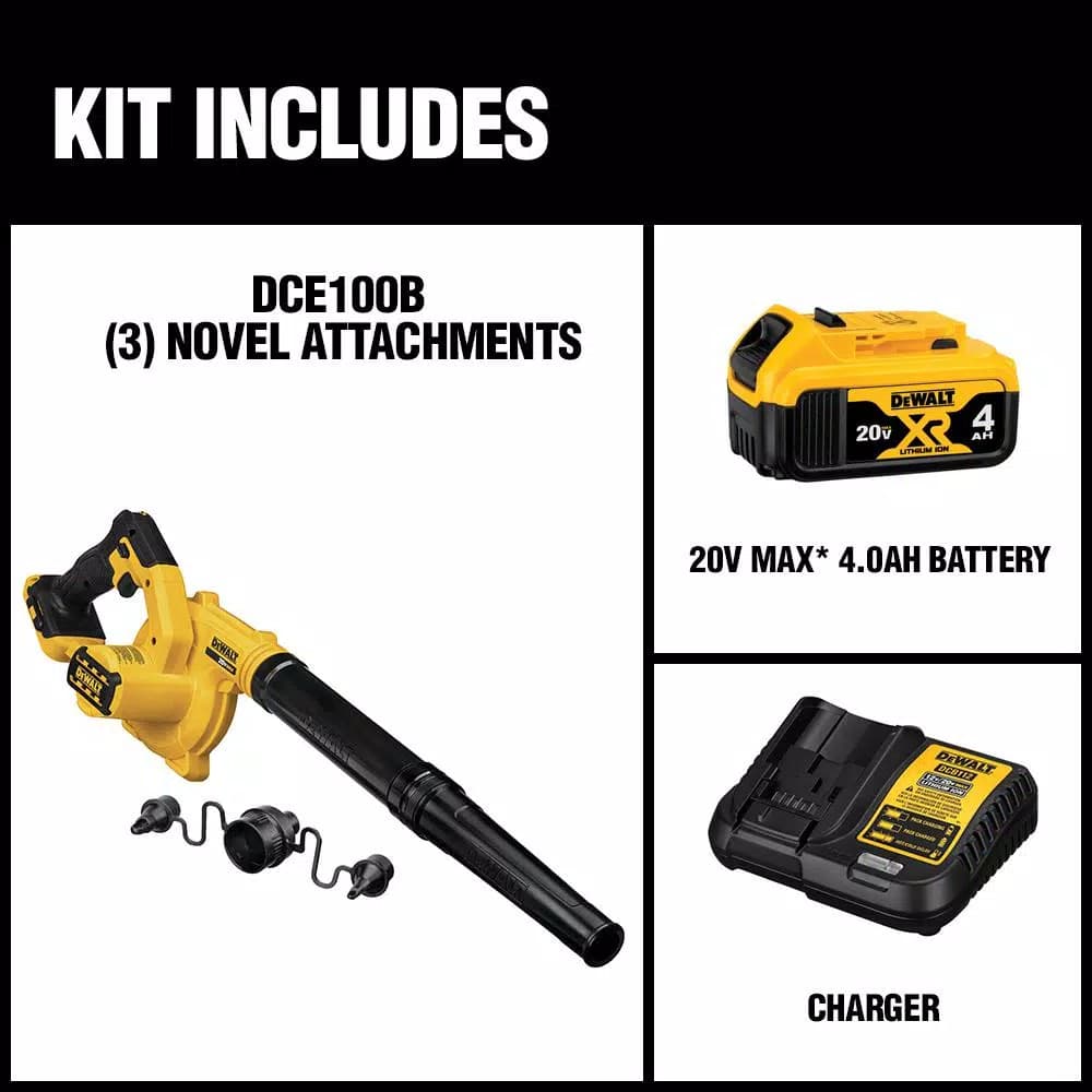 DEWALT 20V MAX Cordless Compact Jobsite Blower Kit with 4.0 Ah Battery and Charger, 135 MPH, 100 CFM