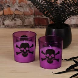 LUMABASE Skull and Crossbones Purple Glass LED Battery Operated Candles, Set of 2 thumbnail 2