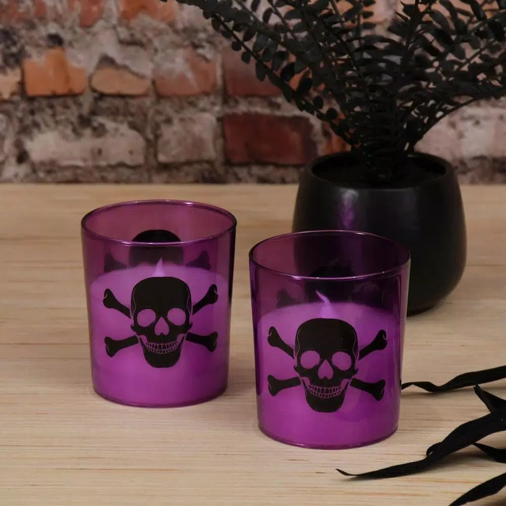 LUMABASE Skull and Crossbones Purple Glass LED Battery Operated Candles, Set of 2