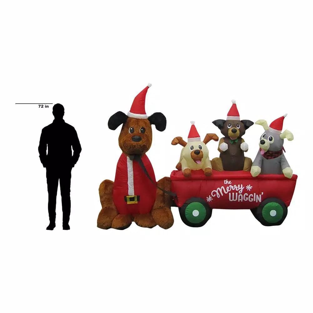 Home Accents Holiday 7 ft. W Pre-Lit Inflatable Christmas Puppy Wagon Scene with LED Lights