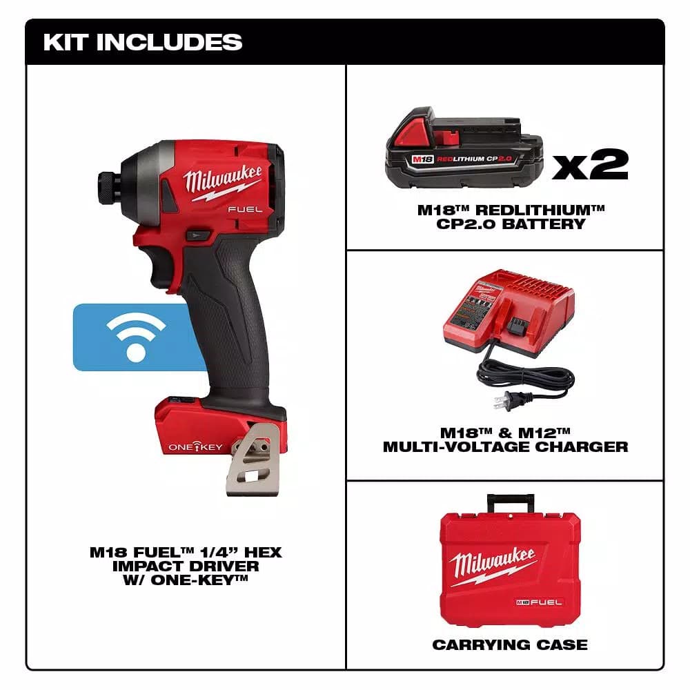 Milwaukee M18 FUEL ONE-KEY 1/4 in. Hex Impact Driver Kit w/ (2) 2.0Ah Batteries & Hard Case