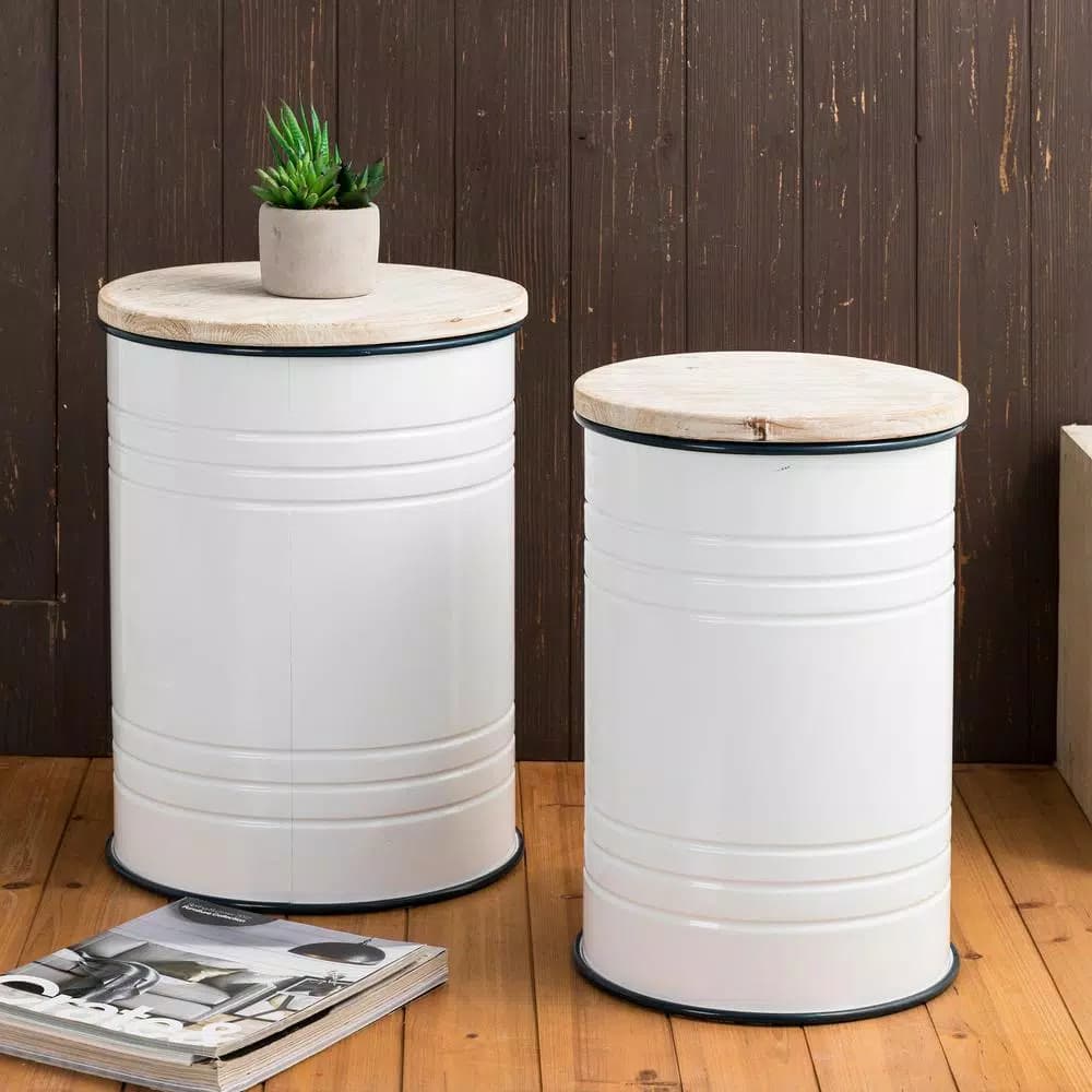 Glitzhome Farmhouse Enamel Metal Round Container Set with Wood Lids, Set of 2