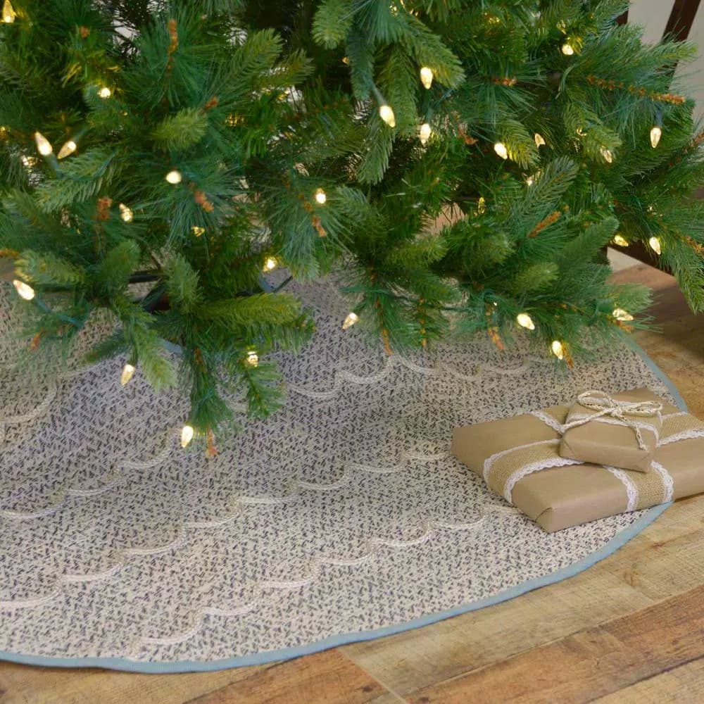 VHC Brands Sanbourne 48 in. Creme White Coastal Christmas Tree Skirt with Turquoise Chambray Trim