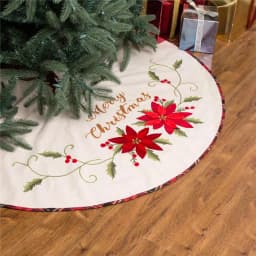 Glitzhome 48 in. Poinsettia Fabric Christmas Tree Skirt with Holly and Red Berries thumbnail 8