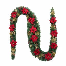 Home Accents Holiday Home Holiday Accents 17 ft. Burgundy Poinsettia Mixed Pine Garland with Berries and Gold Glitter Cedar thumbnail 1