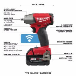 Milwaukee M18 FUEL ONE-KEY 3/8 in. Compact Impact Wrench Kit w/ (2) 5.0 Ah Batteries & Charger thumbnail 4