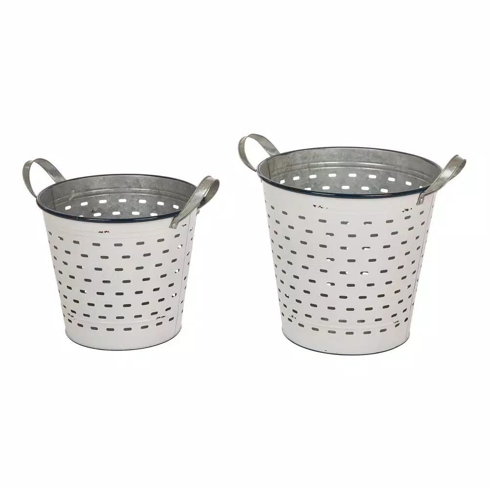 Glitzhome Farmhouse Enamel Metal Basket Set of 2 - White and Galvanized Iron Storage Baskets